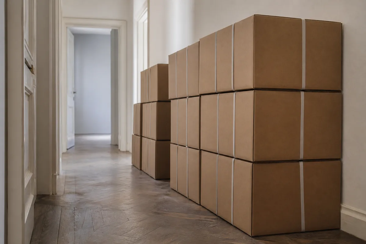 Cartons fermés et empilés le long d’un mur dans un logement en cours de vidage