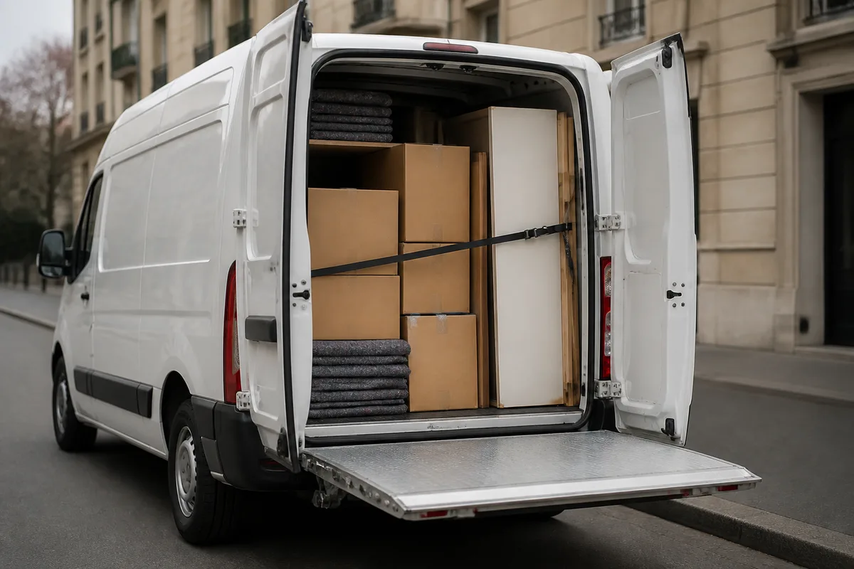 Camion de débarras ouvert avec chargement sanglé, prêt au départ