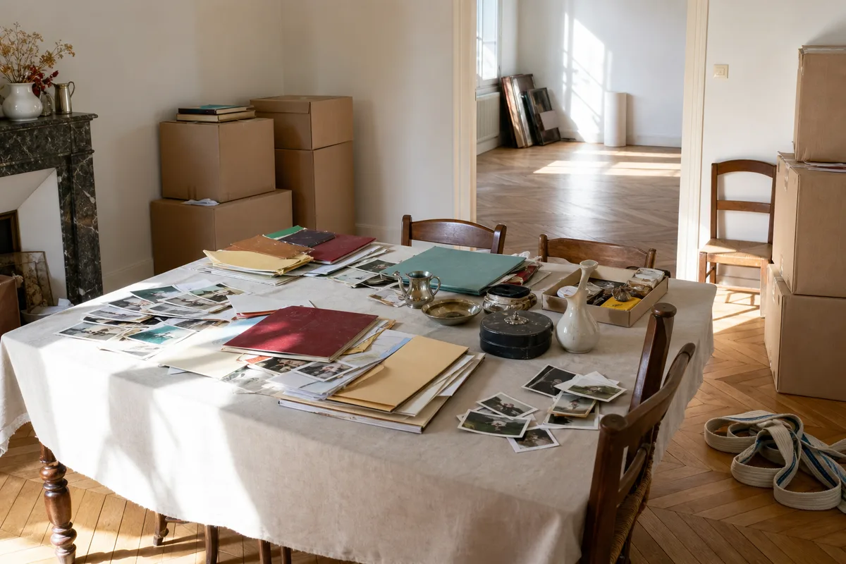 Table de salle à manger couverte de dossiers, photographies et objets en attente de tri