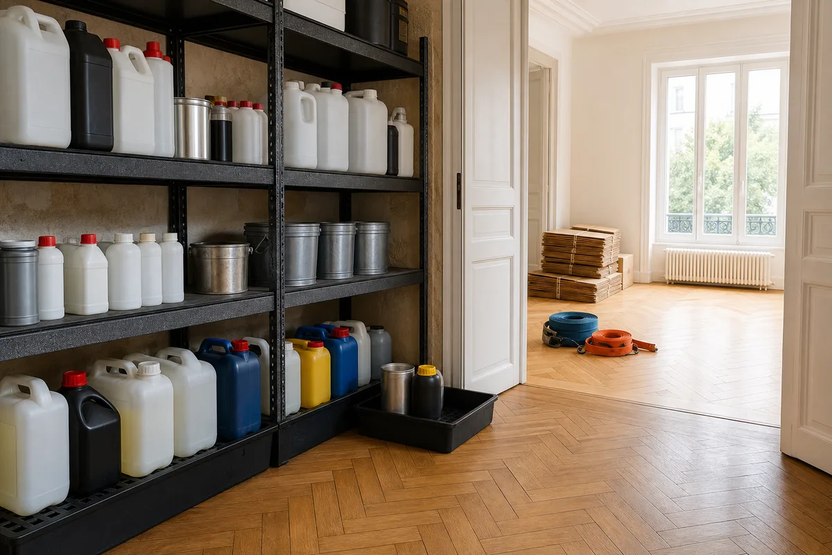 Local de stockage des déchets dangereux avec bidons rangés par catégorie