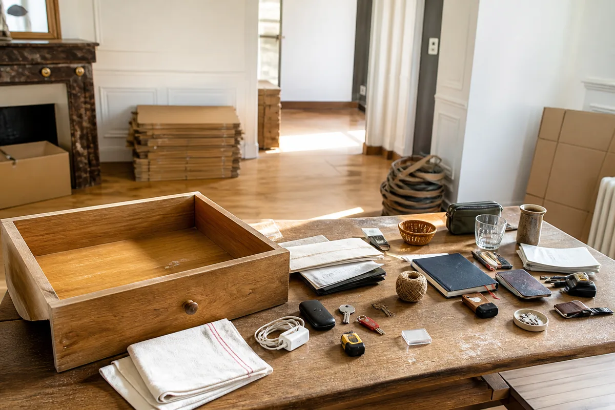 Tiroir ouvert dont le contenu est étalé sur une table pour un tri court