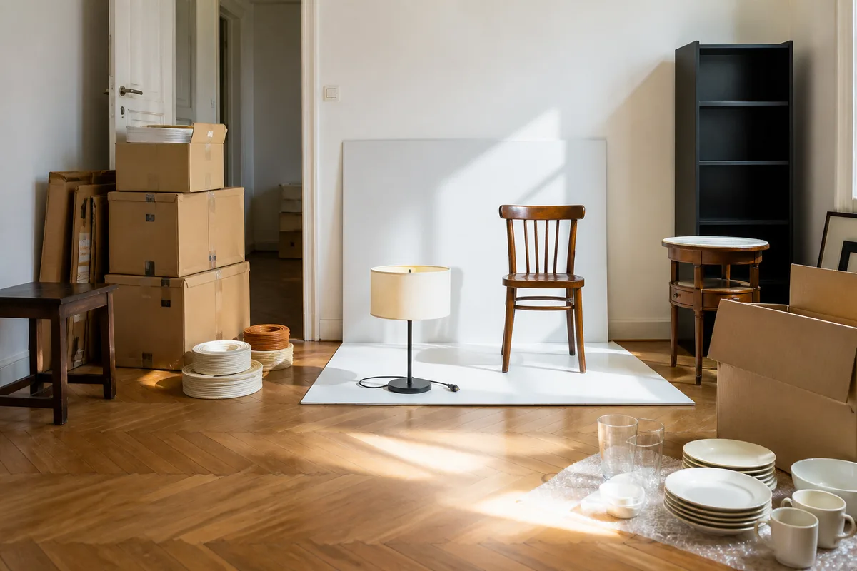 Objets photographiés un par un sur fond neutre pour une mise en vente