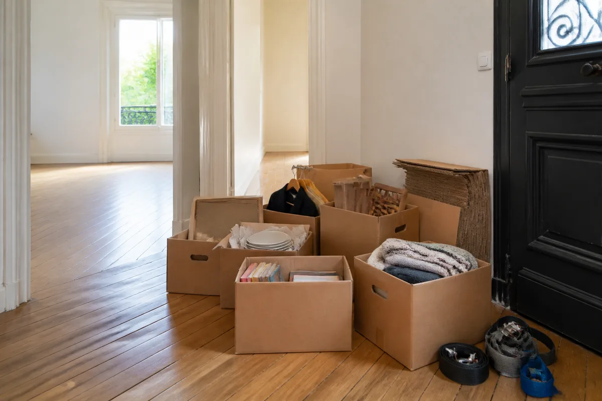 Cartons de dons préparés et étiquetés par catégorie près d&rsquo;une porte d&rsquo;entrée