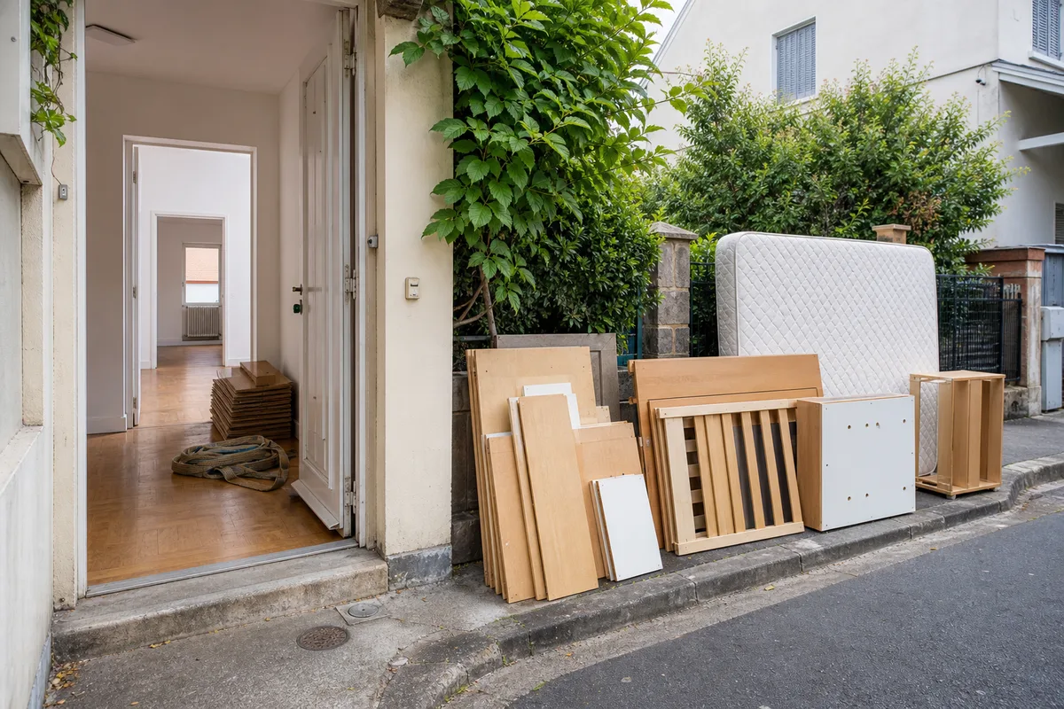 Meubles démontés et matelas rangés en bord de trottoir en attente de collecte