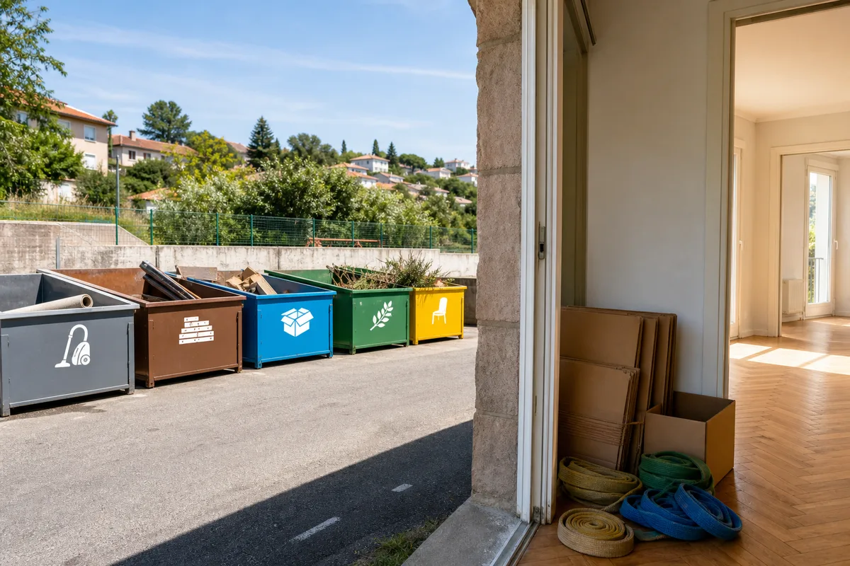Bennes de tri séparées avec pictogrammes de flux sur un site d&rsquo;apport volontaire