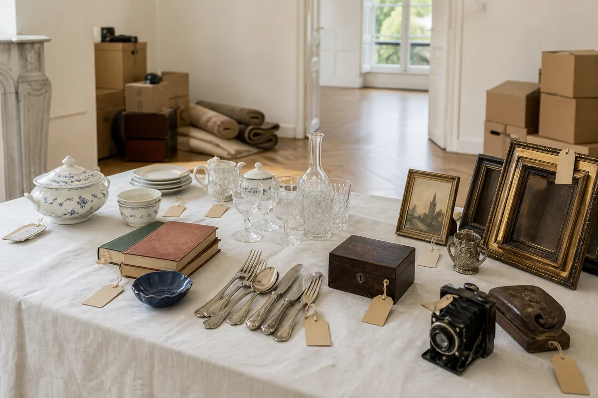 Objets triés par famille sur une nappe, étiquetés en attente d&rsquo;estimation