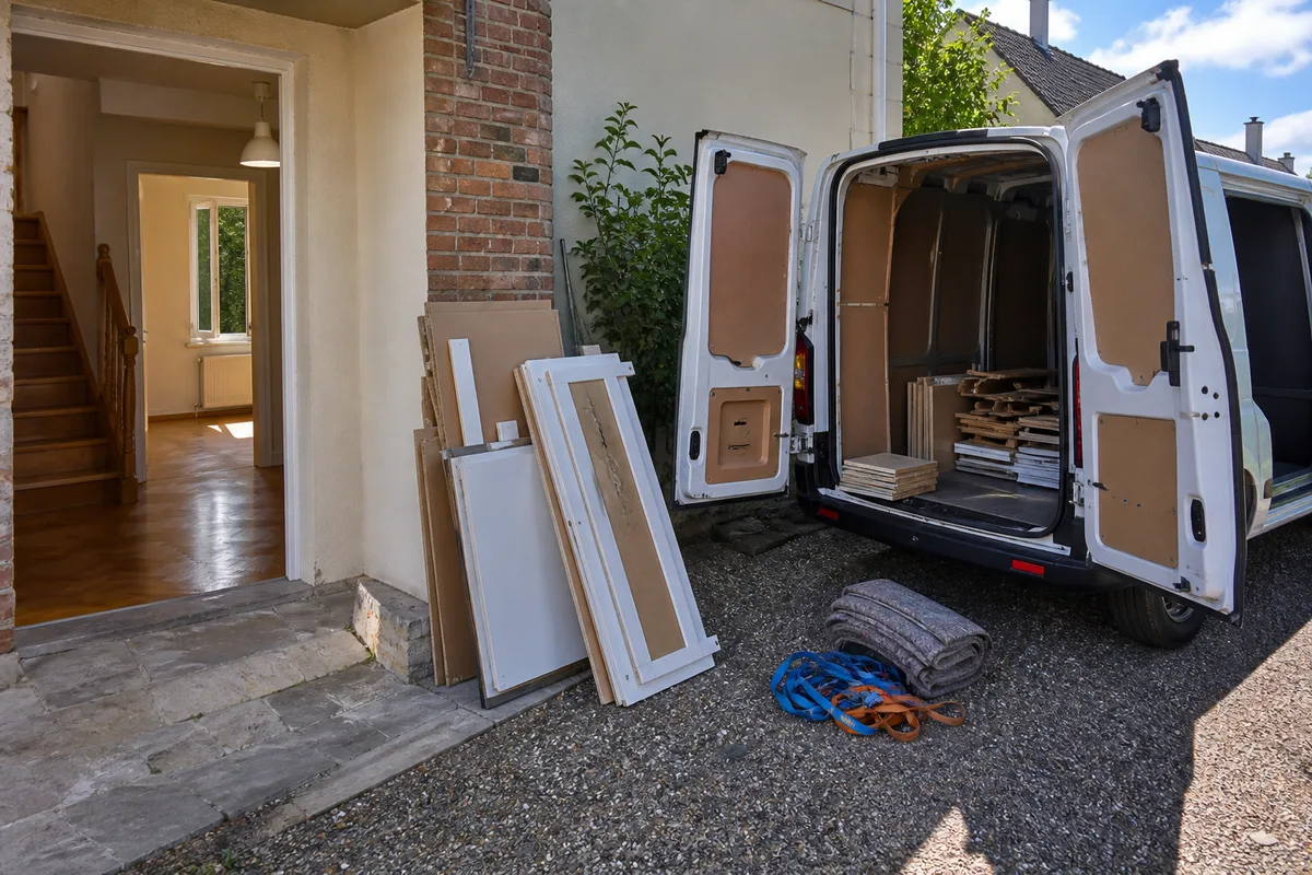 Utilitaire ouvert devant une maison avec meubles démontés prêts au chargement