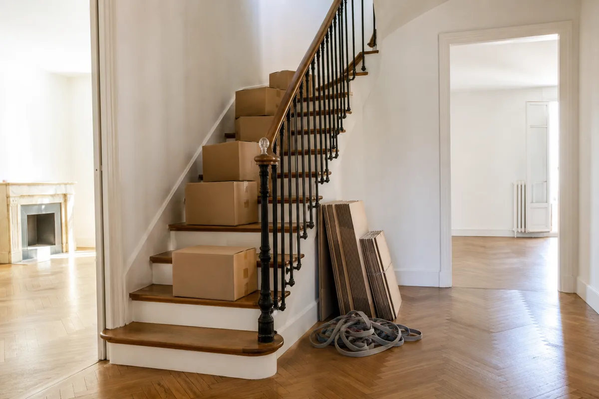 Escalier d’une maison en cours de vidage avec cartons alignés sur les marches